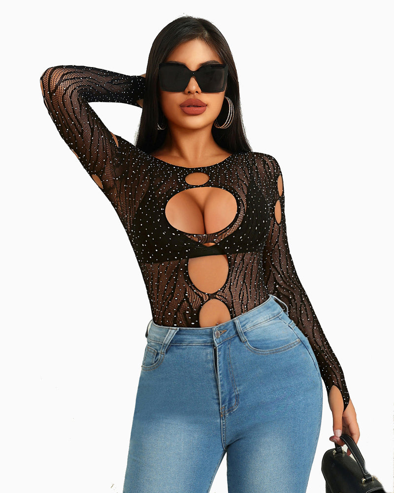Strass Fischnetz-Bodysuits Mesh Top