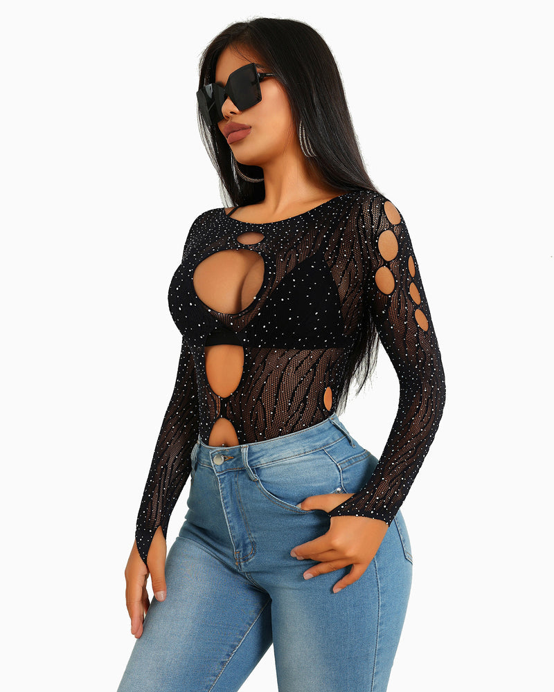 Strass Fischnetz-Bodysuits Mesh Top