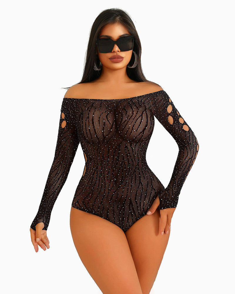 Strass Fischnetz-Bodysuits Mesh Top