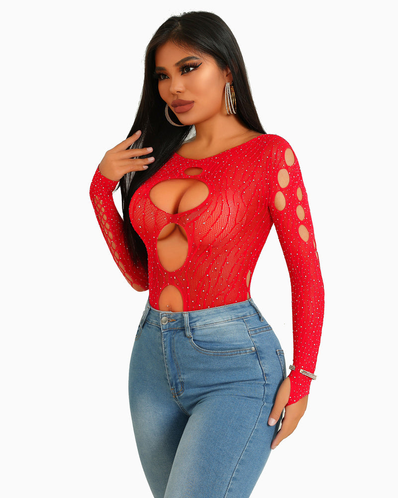 Strass Fischnetz-Bodysuits Mesh Top