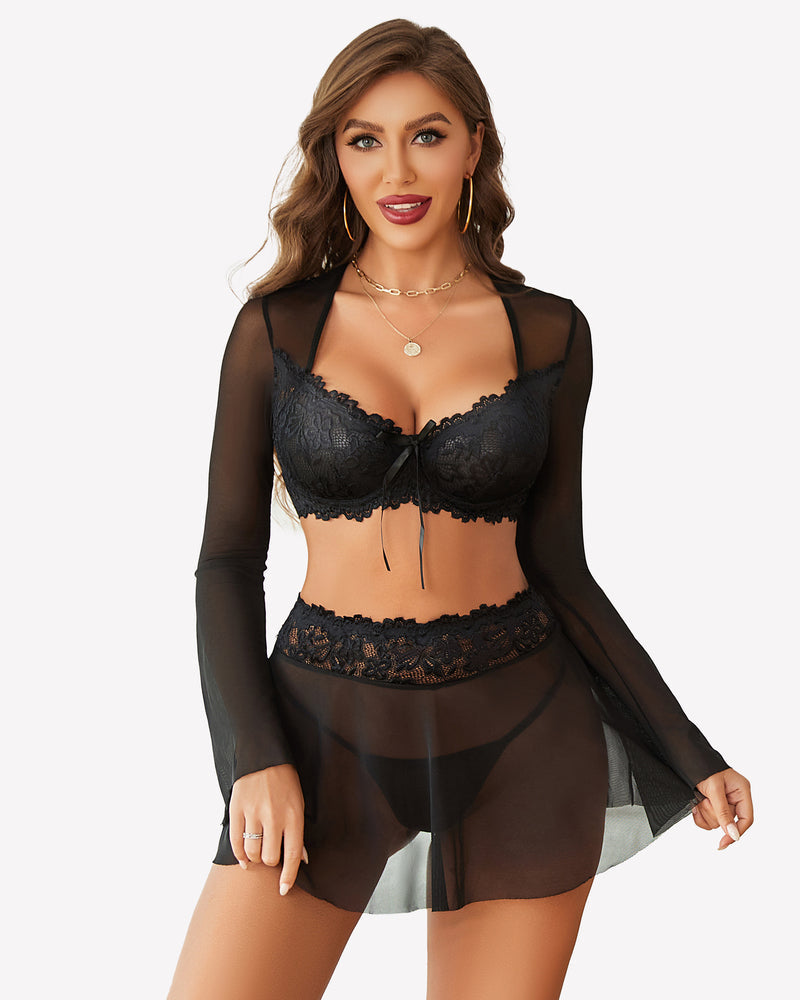 Dessous-Set aus kontrastierender Spitze und Mesh