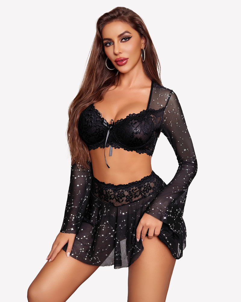Dessous-Set aus kontrastierender Spitze und Mesh