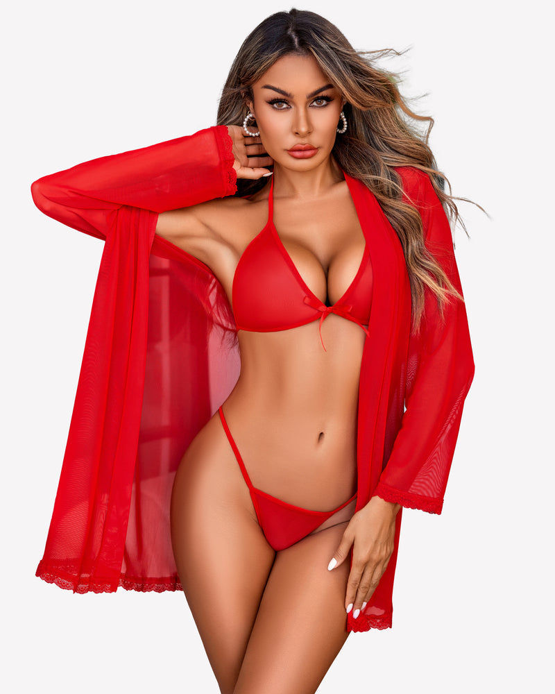 3er Set Kimono-Bademantel mit BH und Panty