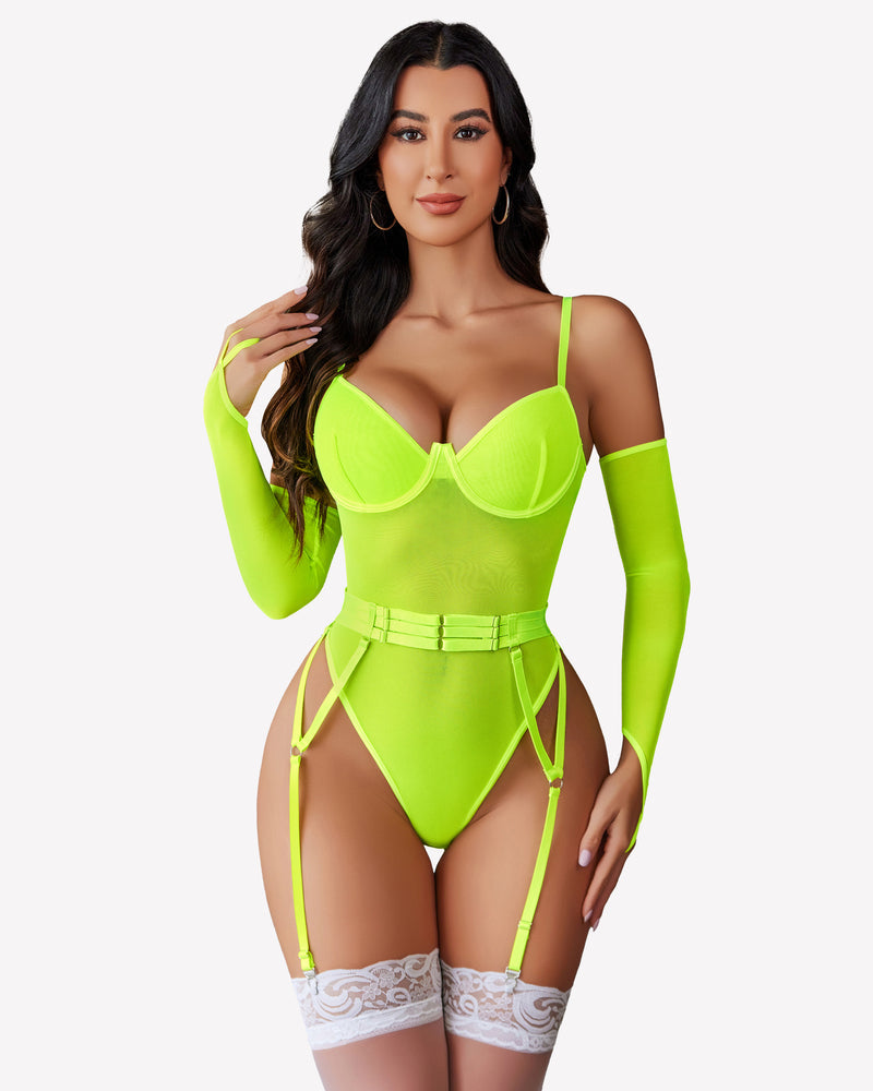 Mesh Garter Teddy mit 1 Paar Überärmel