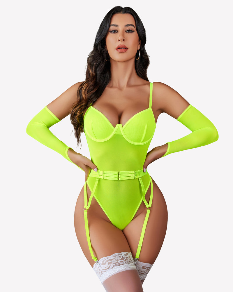 Mesh Garter Teddy mit 1 Paar Überärmel