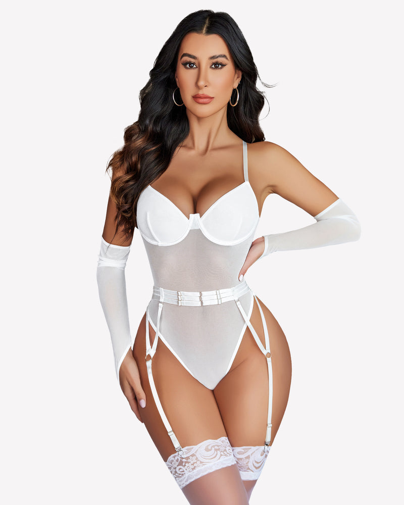 Mesh Garter Teddy mit 1 Paar Überärmel
