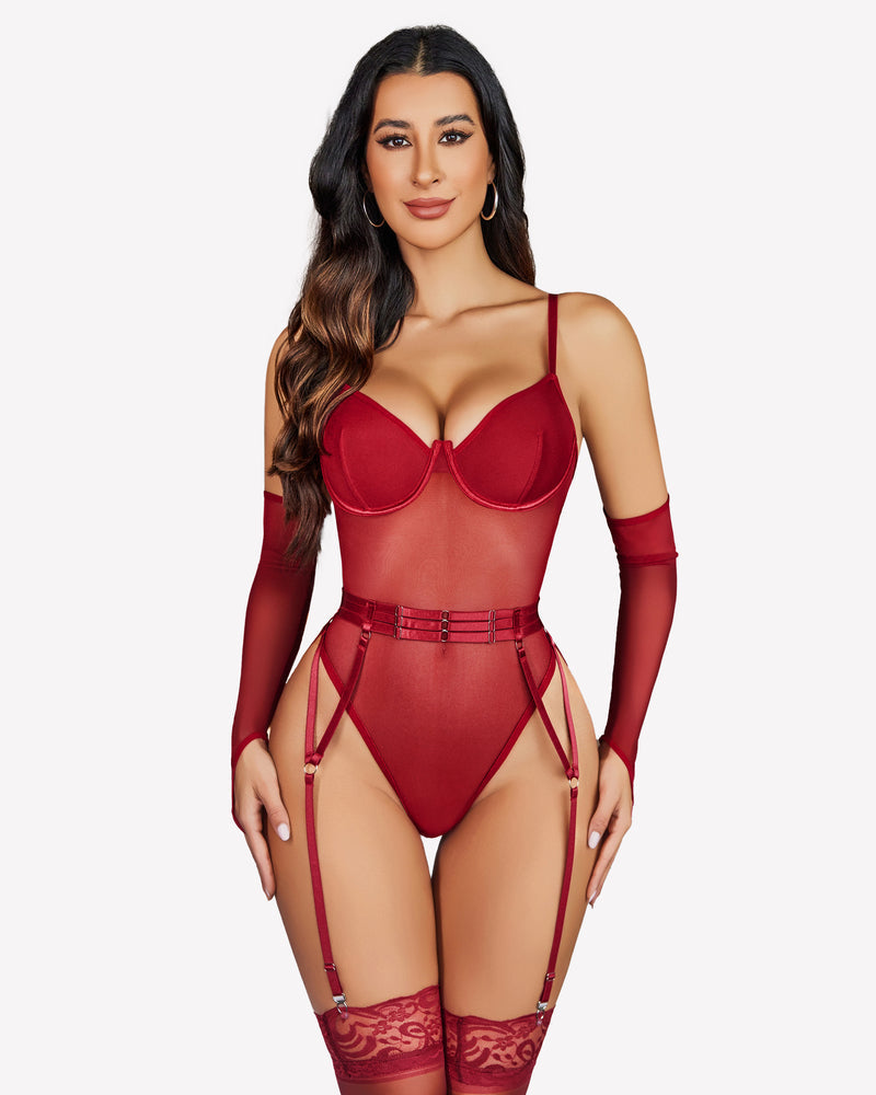 Mesh Garter Teddy mit 1 Paar Überärmel