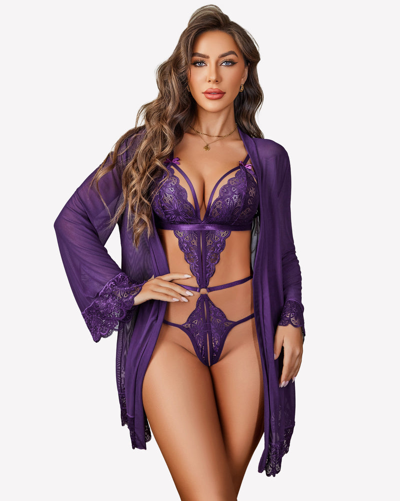 2er-Set Spitzen-Teddy mit Mesh-Bademantel