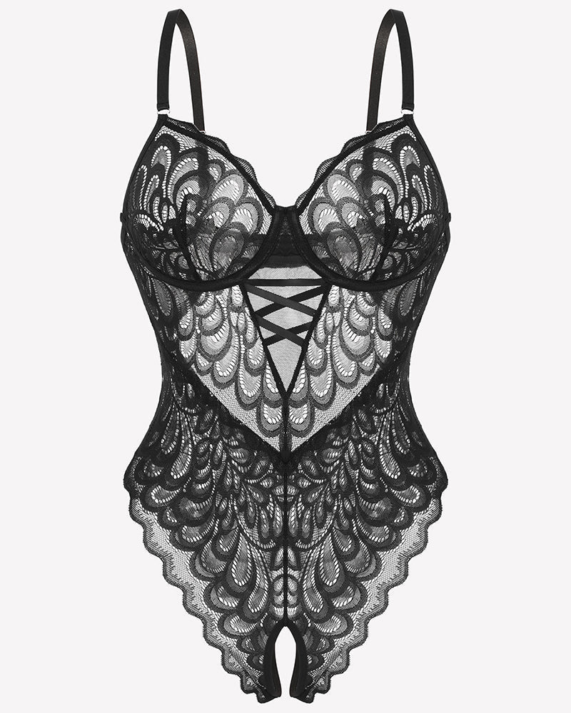 Spitze tief V Teddy Crotchless Bodysuits