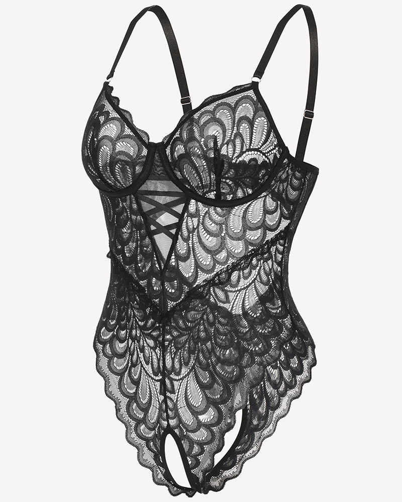 Spitze tief V Teddy Crotchless Bodysuits