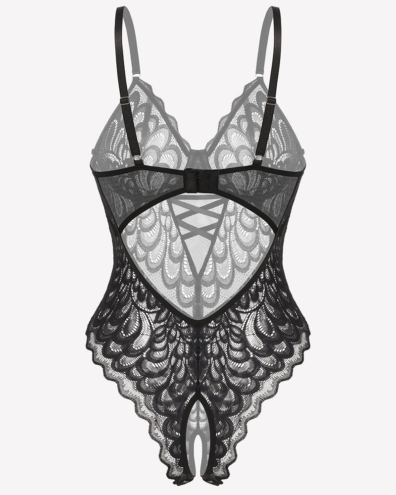 Spitze tief V Teddy Crotchless Bodysuits