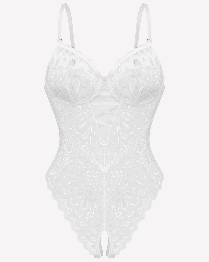 Spitze tief V Teddy Crotchless Bodysuits