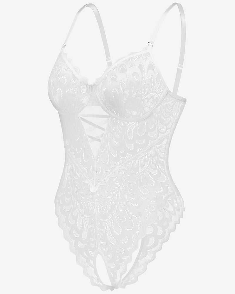 Spitze tief V Teddy Crotchless Bodysuits