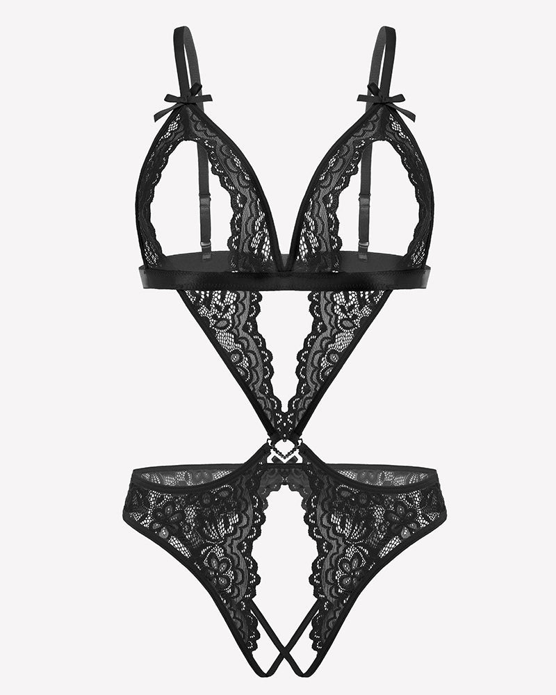 Tiefer V-Teddy-Bodysuit aus Spitze