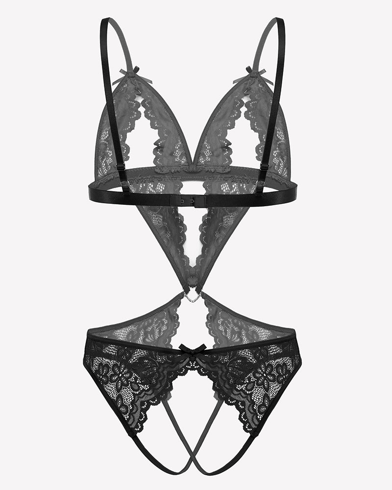 Tiefer V-Teddy-Bodysuit aus Spitze