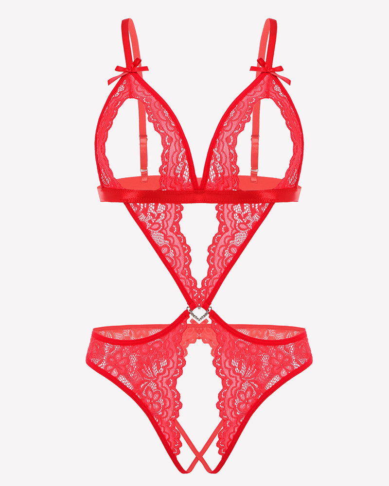 Tiefer V-Teddy-Bodysuit aus Spitze