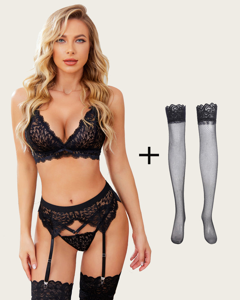 3 Stück Lace Leaves BH und Panty Set mit Strumpfband