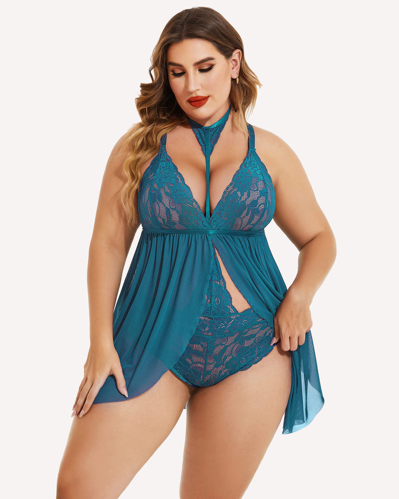 Plus Size Spitze Babydoll Mesh Choker Nachtwäsche