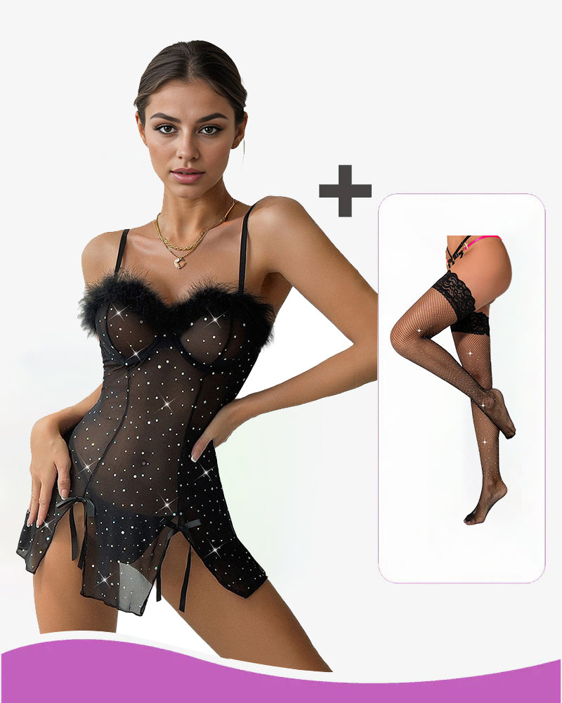 Diamant-Durchsichtiges Kleid mit elastischem Schlitz Set