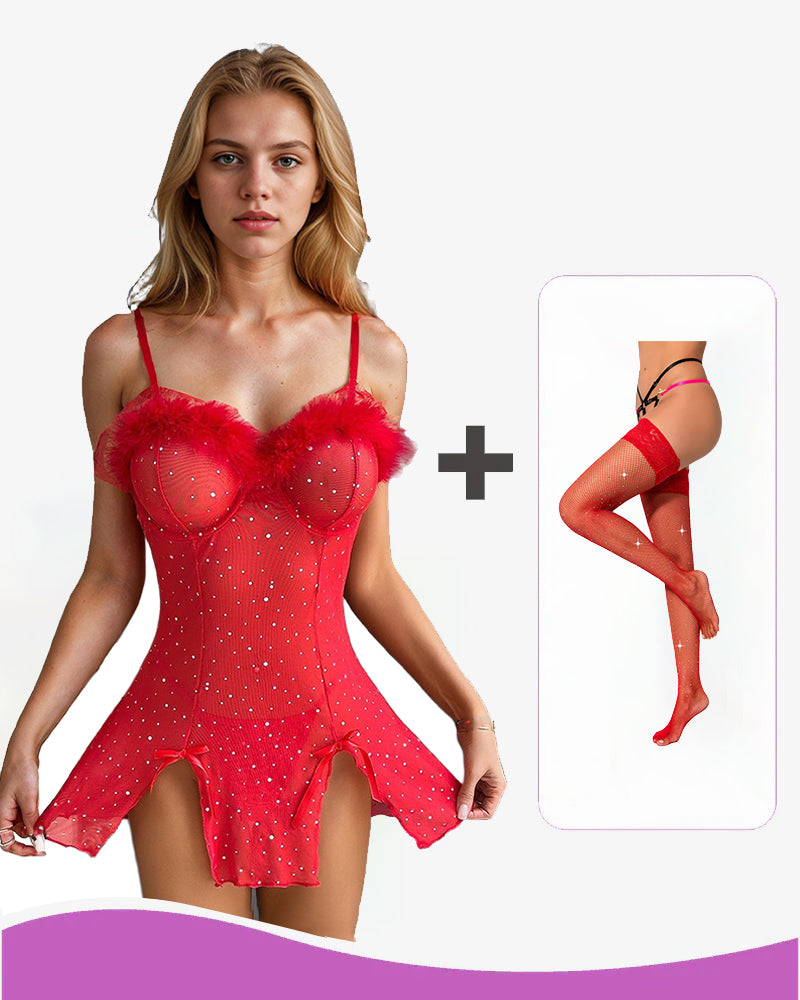 Diamant-Durchsichtiges Kleid mit elastischem Schlitz Set