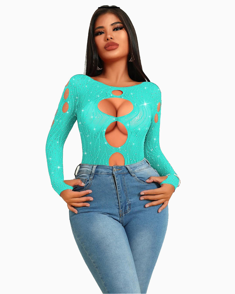 Strass Fischnetz-Bodysuits Mesh Top