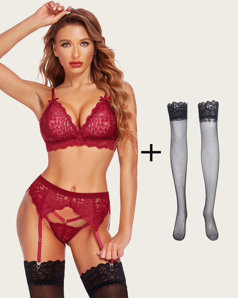 3 Stück Lace Leaves BH und Panty Set mit Strumpfband