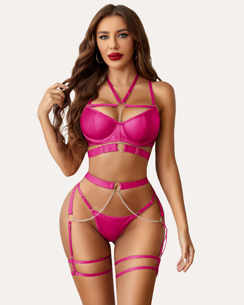 5 Stück Leder Push Up BH mit Kette