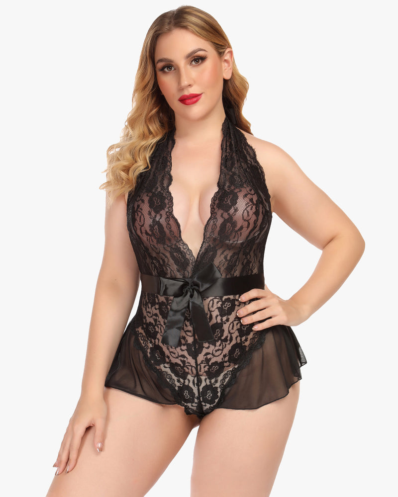 Halter V Neck One Piece Lingerie