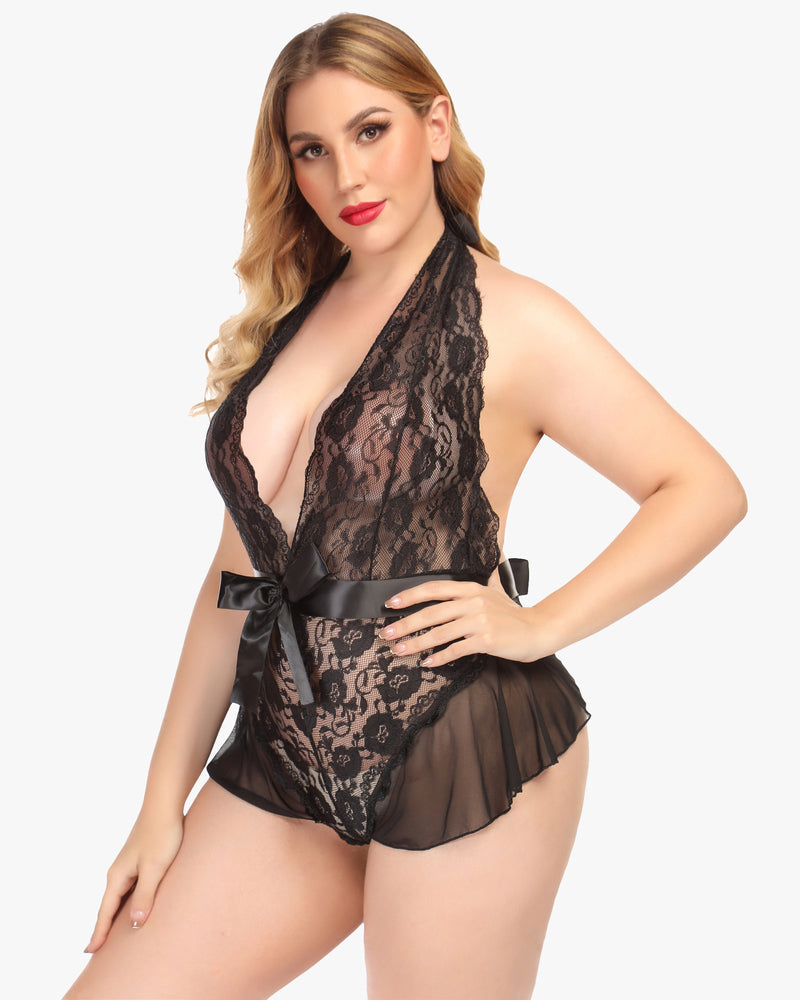 Spitze Teddy Bodysuit Halter V-Ausschnitt Einteiler