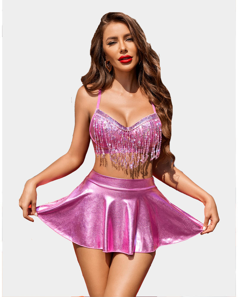 Rave Outfits Pailletten Fransen Kostüm Set