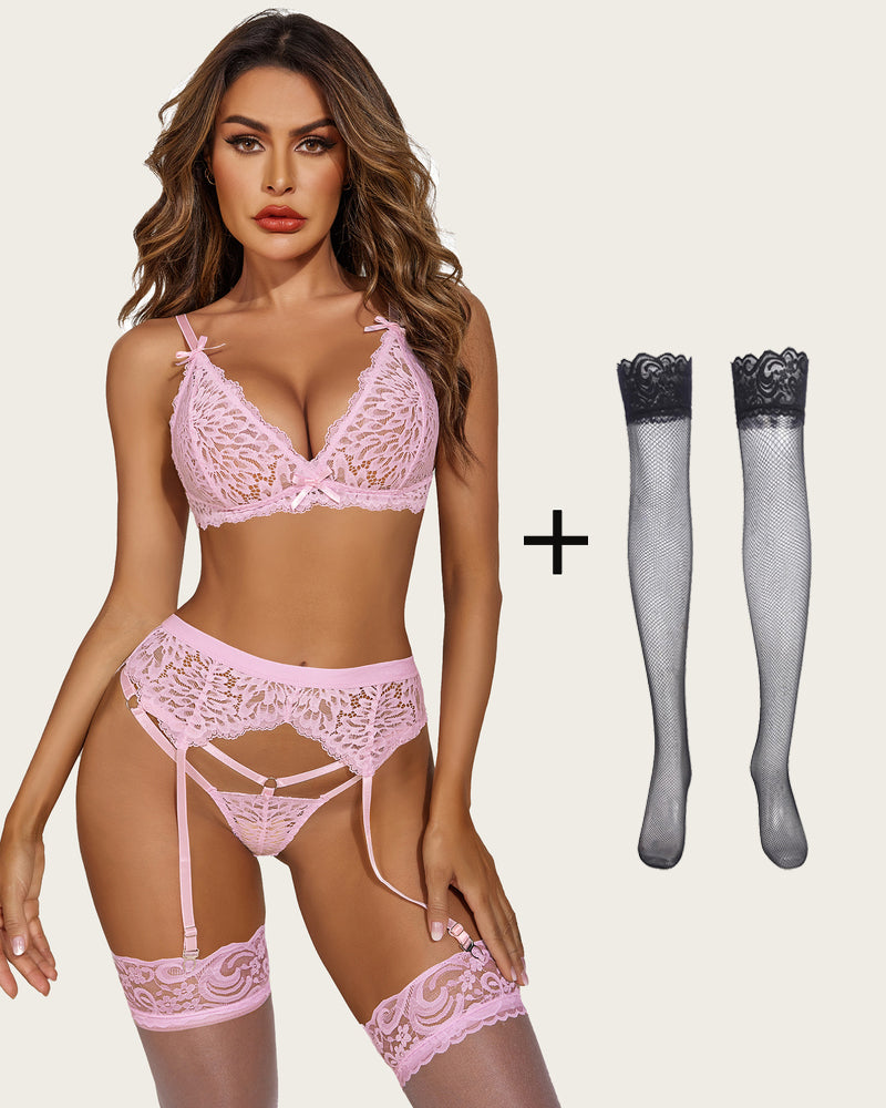 3 Stück Lace Leaves BH und Panty Set mit Strumpfband