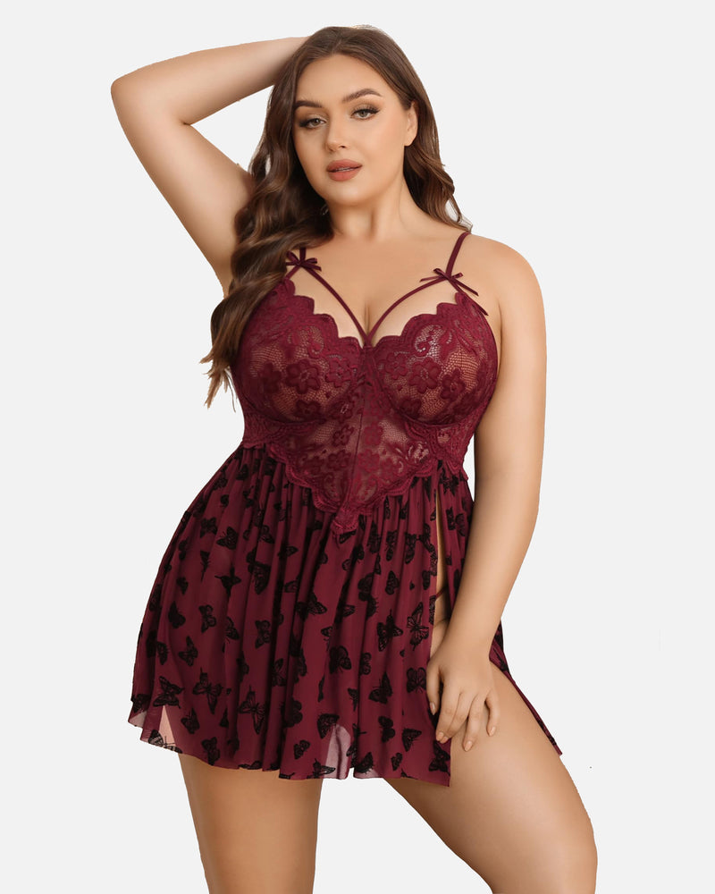 Plus Size Babydoll mit Blumendruck aus Spitze