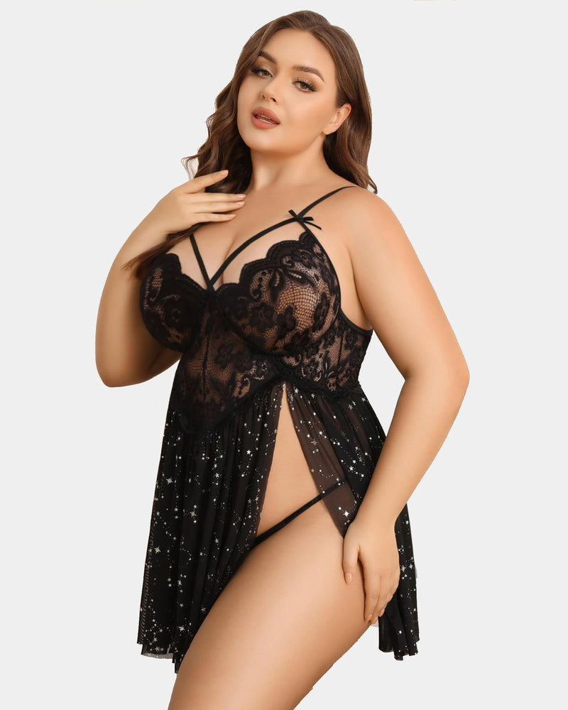 Plus Size Babydoll mit Blumendruck aus Spitze
