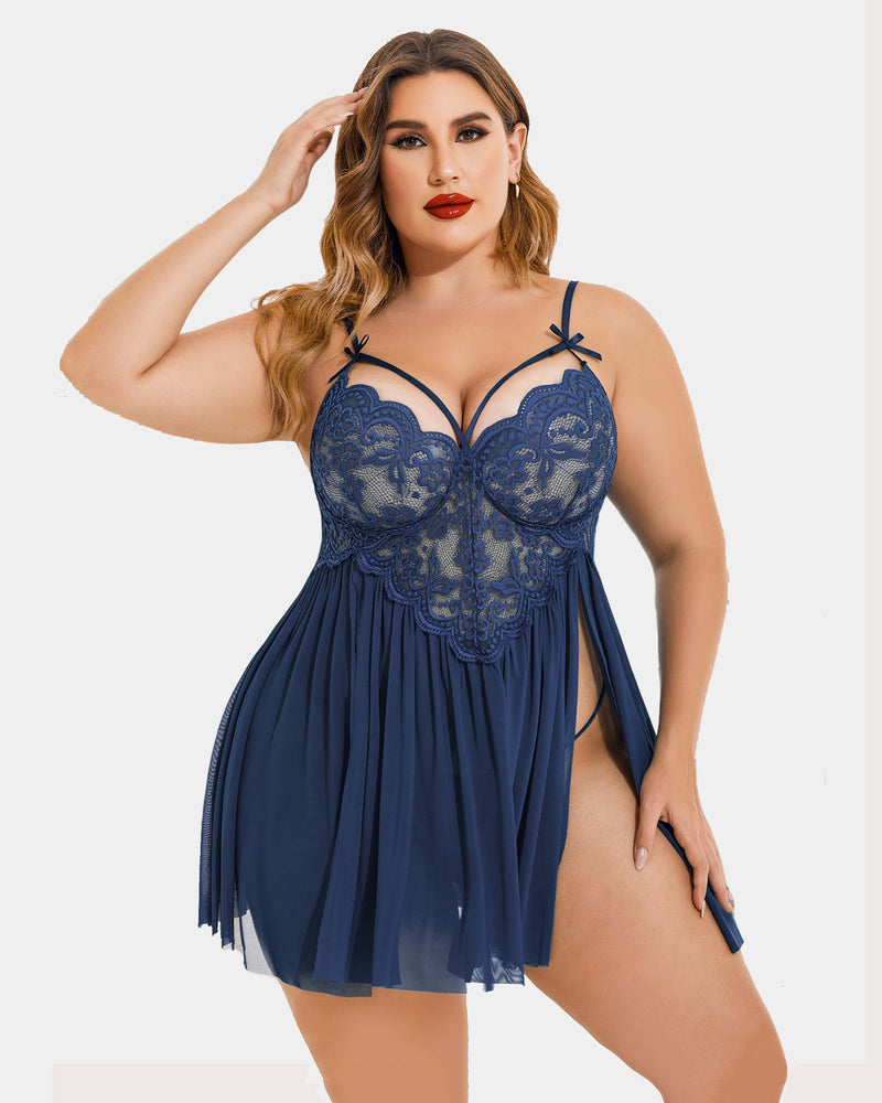 Plus Größe V-Ausschnitt Mesh Seite Schlitz Babydolls