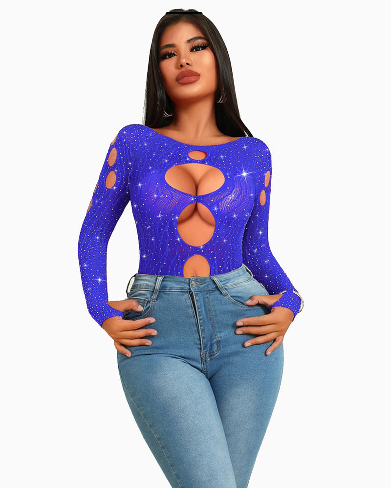 Strass Fischnetz-Bodysuits Mesh Top