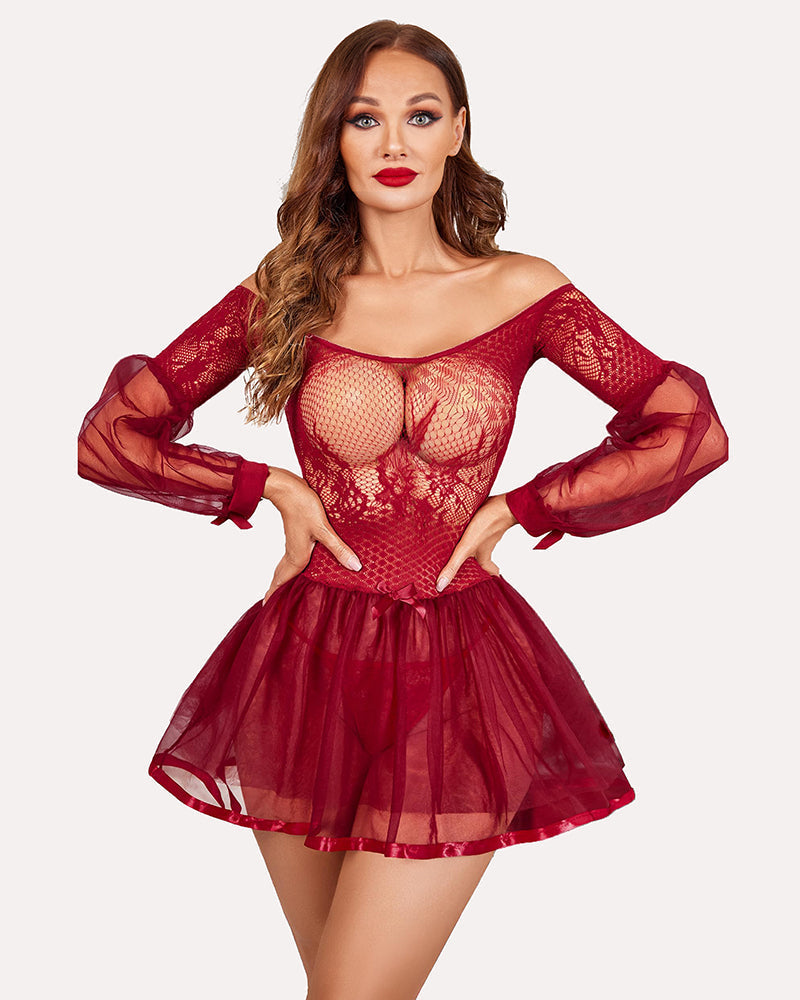Babydoll-Kleid mit Spitze und langen Ärmeln Nachtwäsche