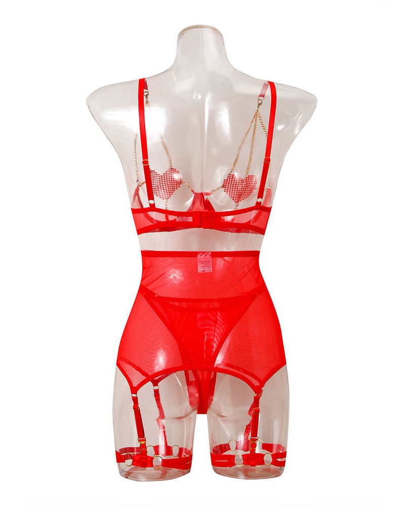 Love Heart Kette Mesh 5PCS Dessous Set