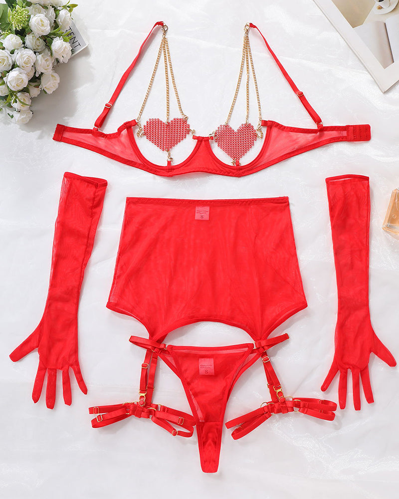 Love Heart Kette Mesh 5PCS Dessous Set