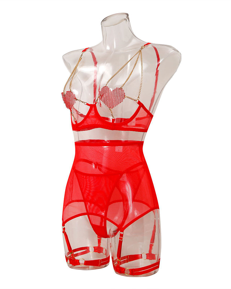 Love Heart Kette Mesh 5PCS Dessous Set