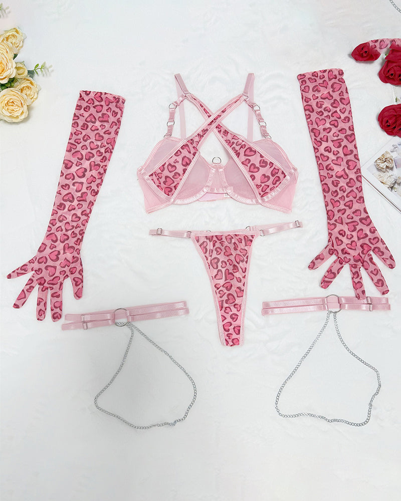 Leopardenherz-Dessous-Set mit Strumpfbandhandschuhen