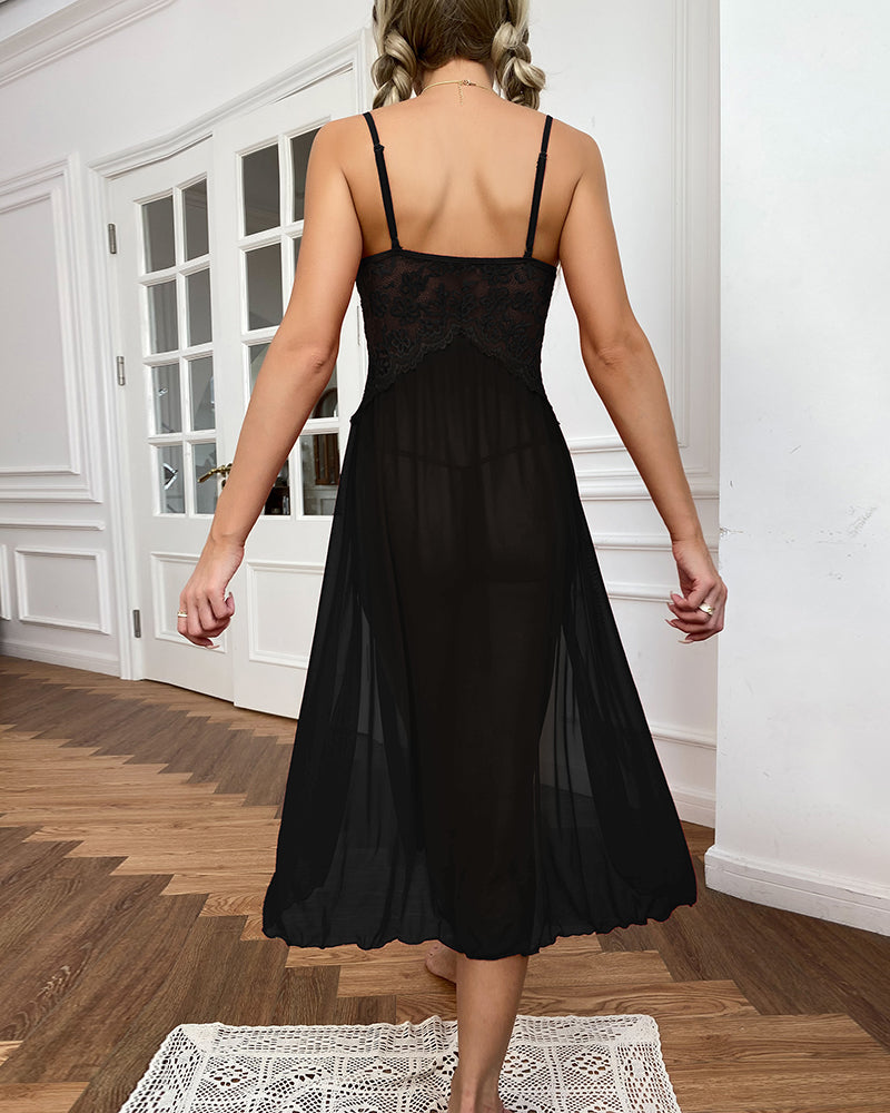 Mesh Deep V Lace Side Slit Kleid