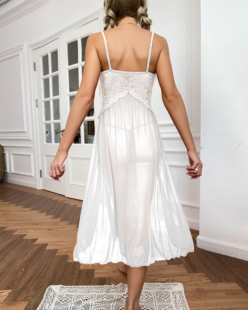 Mesh Deep V Lace Side Slit Kleid