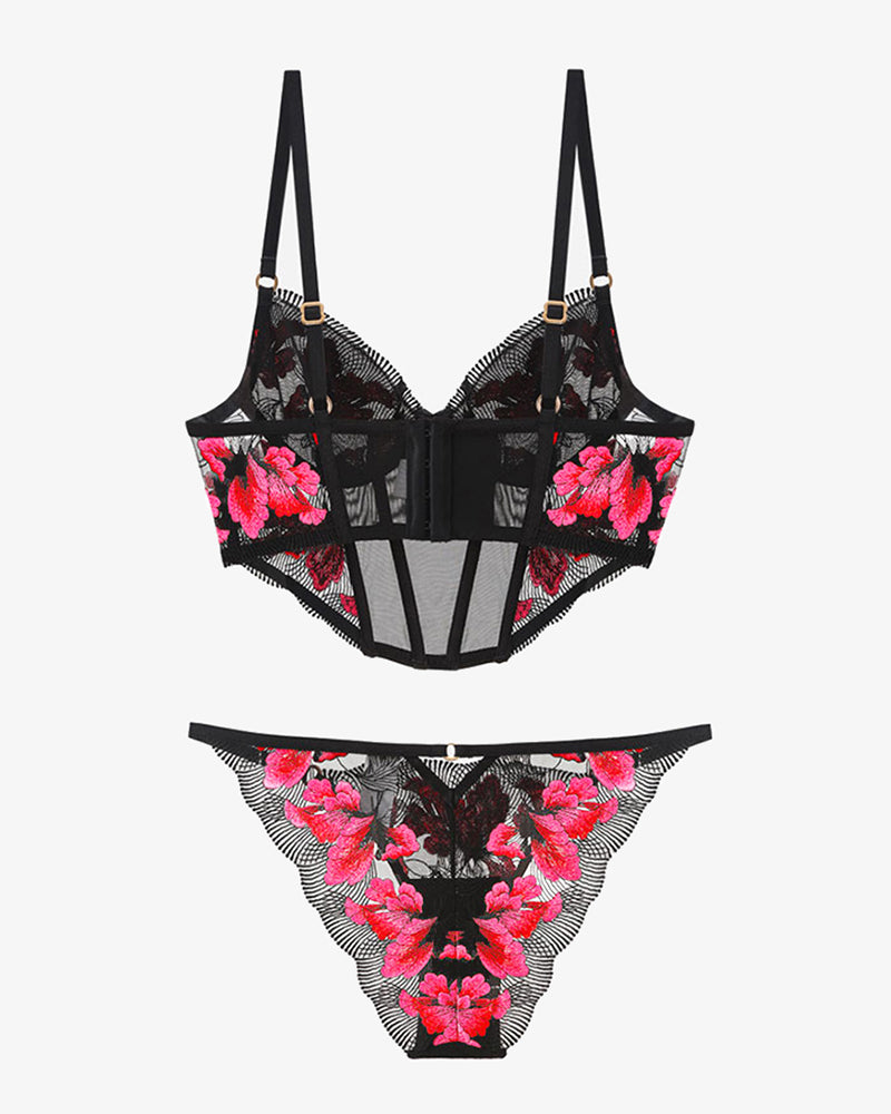 Bestickter Korsett-BH und Panty 2 Sets