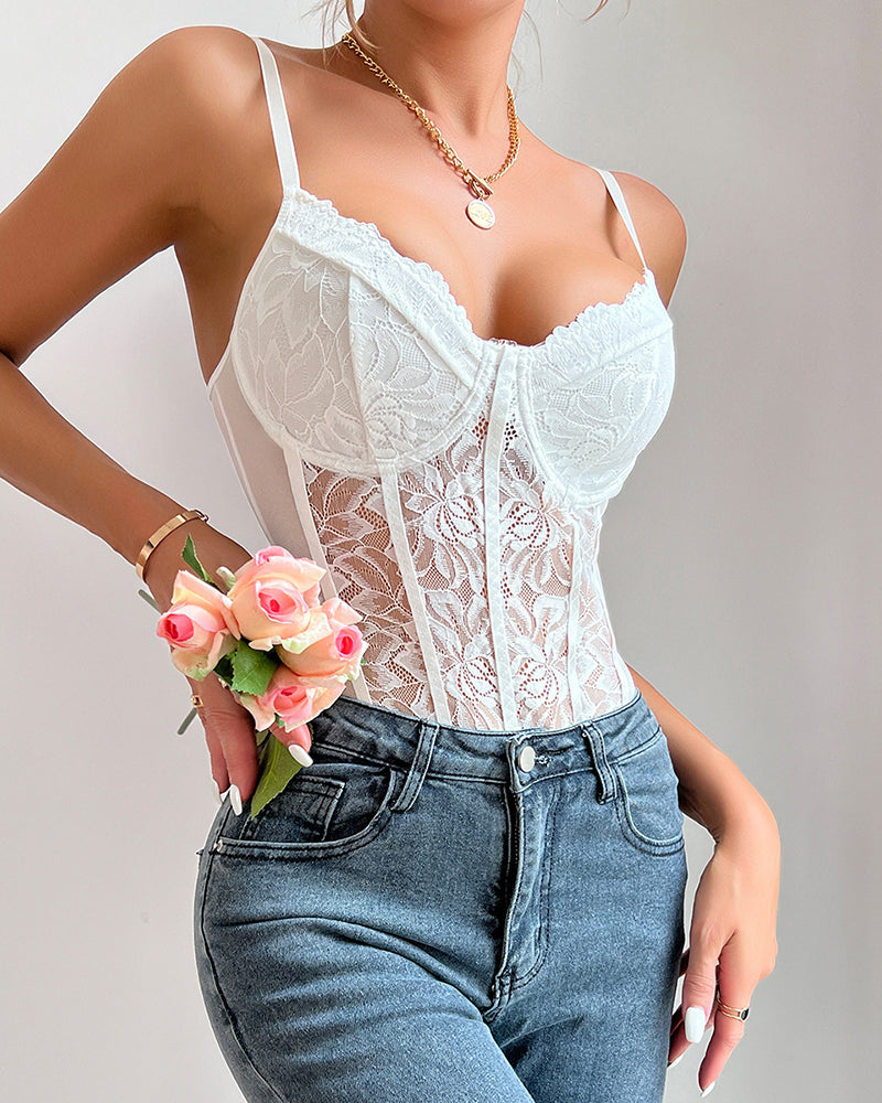 Bustier-Bodys mit floraler Spitze aus Mesh