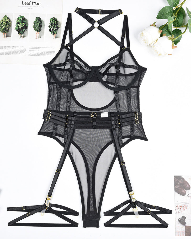 Halter Bodysuit mit offenem Schritt und Strumpfband