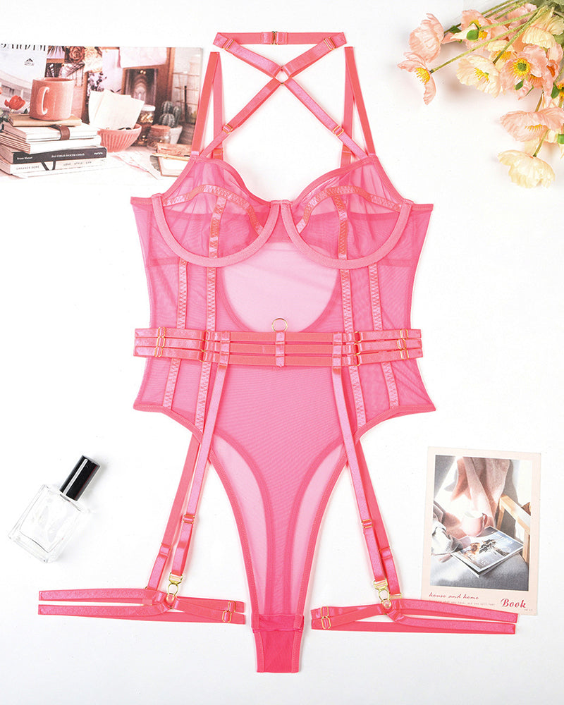Halter Bodysuit mit offenem Schritt und Strumpfband