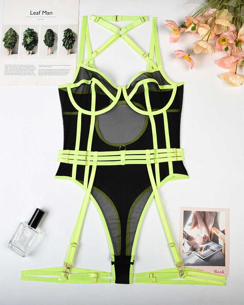 Halter Bodysuit mit offenem Schritt und Strumpfband