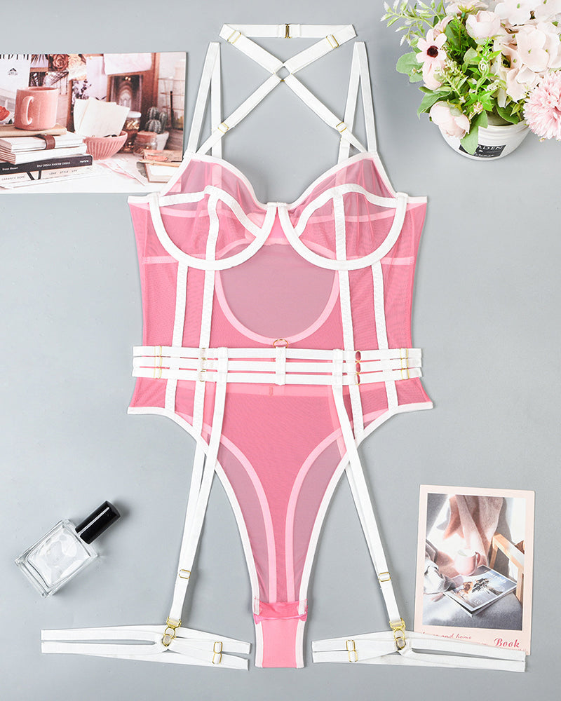 Halter Bodysuit mit offenem Schritt und Strumpfband