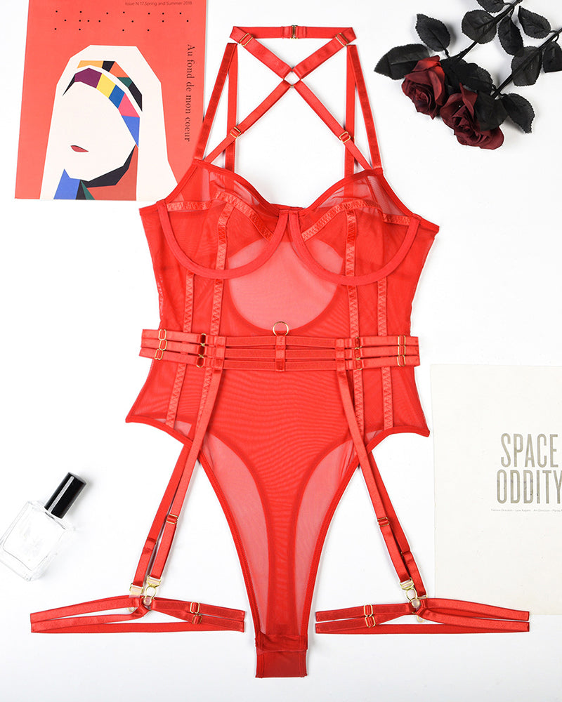 Halter Bodysuit mit offenem Schritt und Strumpfband