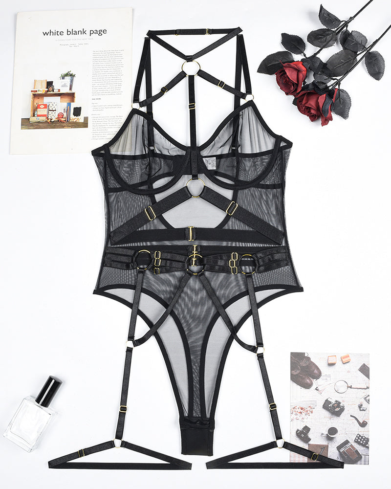 Leopard Mesh Bodysuit with Steel Ring